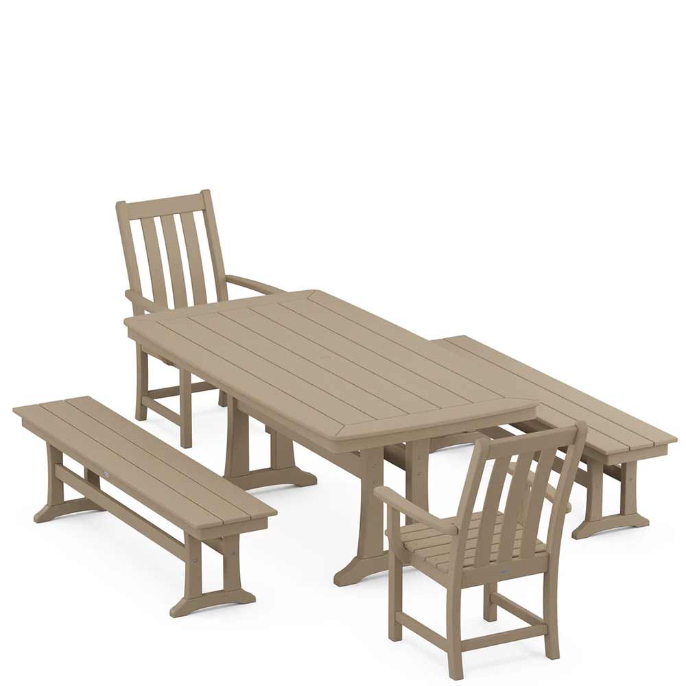 POLYWOOD® Vineyard 5-Piece Dining Set with Benches and Trestle Legs - PWS1064-1