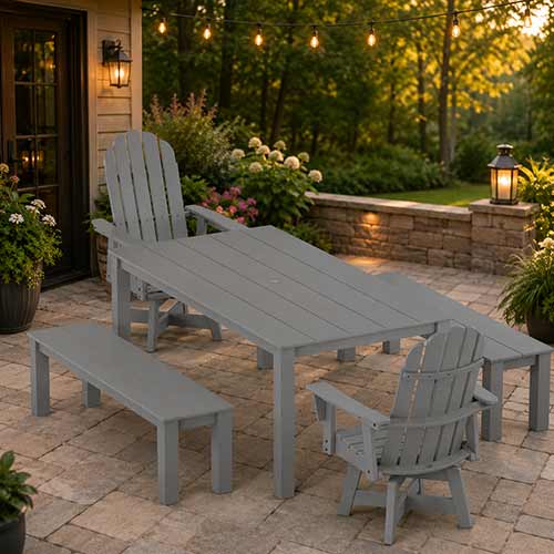 POLYWOOD® Vineyard Curveback Adirondack 5-Piece Parsons Swivel Dining Set with Benches - PWS2359-1