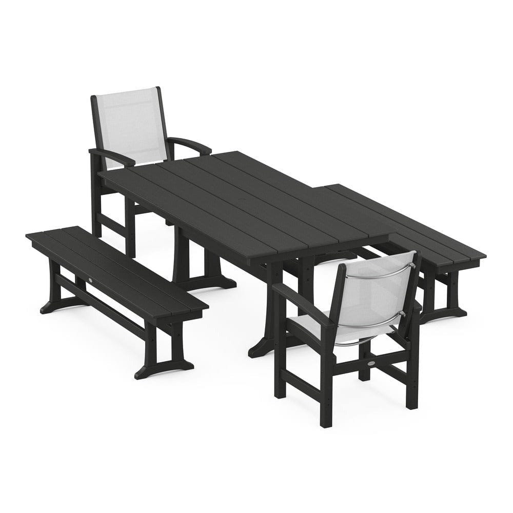 POLYWOOD® - Coastal 5-Piece Farmhouse Dining Set with Trestle Legs and Benches - PWS1000
