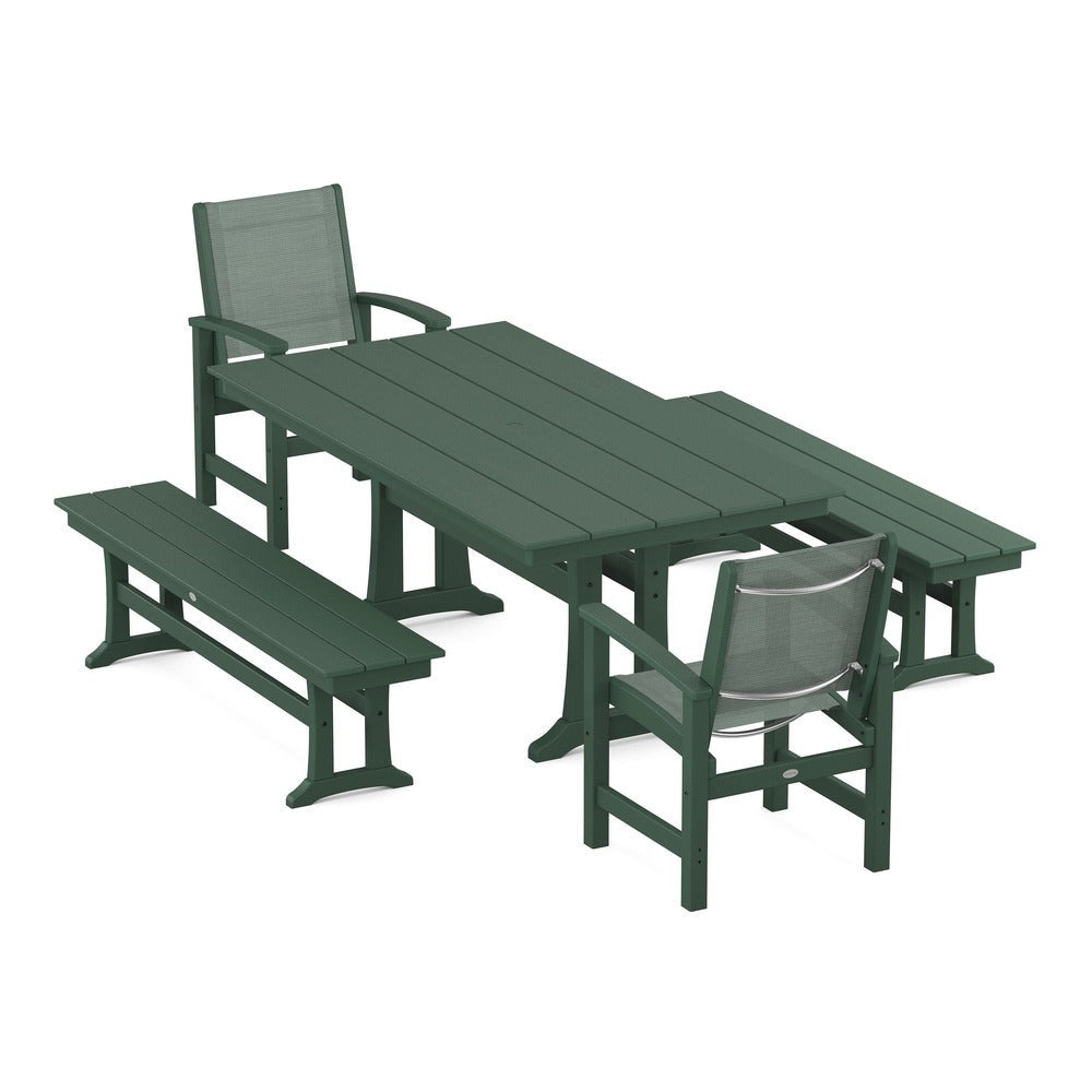 POLYWOOD® - Coastal 5-Piece Farmhouse Dining Set with Trestle Legs and Benches - PWS1000