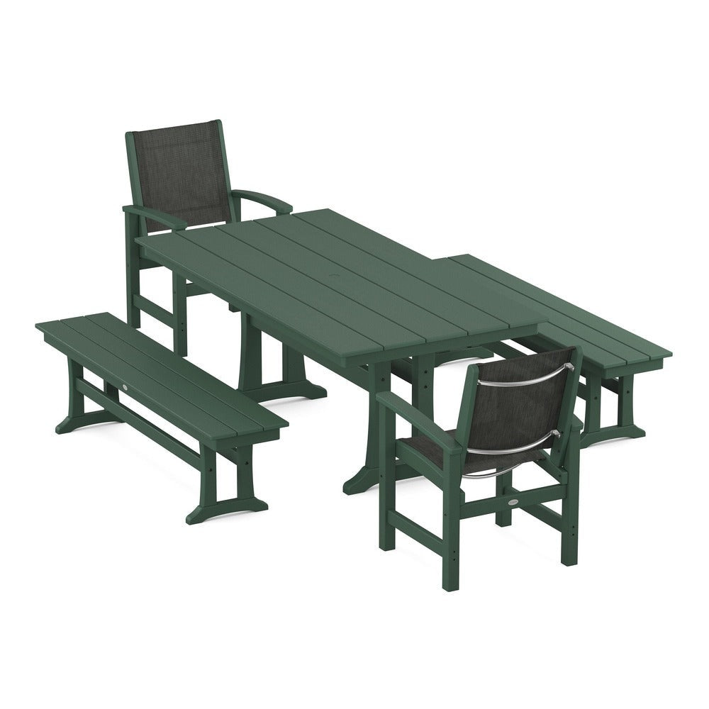 POLYWOOD® - Coastal 5-Piece Farmhouse Dining Set with Trestle Legs and Benches - PWS1000