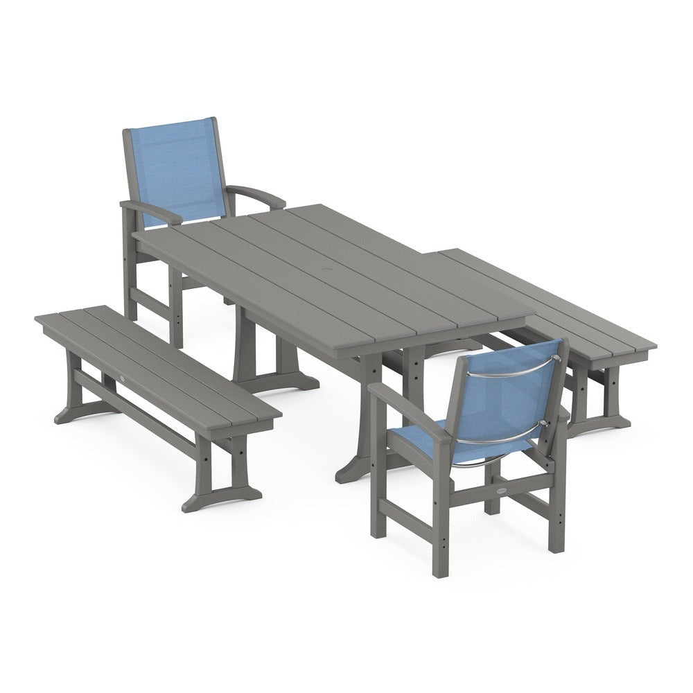 POLYWOOD® - Coastal 5-Piece Farmhouse Dining Set with Trestle Legs and Benches - PWS1000