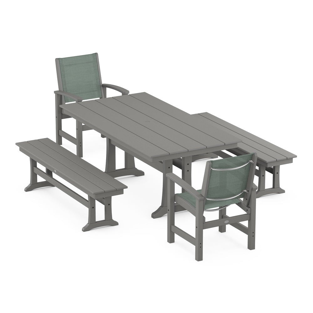 POLYWOOD® - Coastal 5-Piece Farmhouse Dining Set with Trestle Legs and Benches - PWS1000
