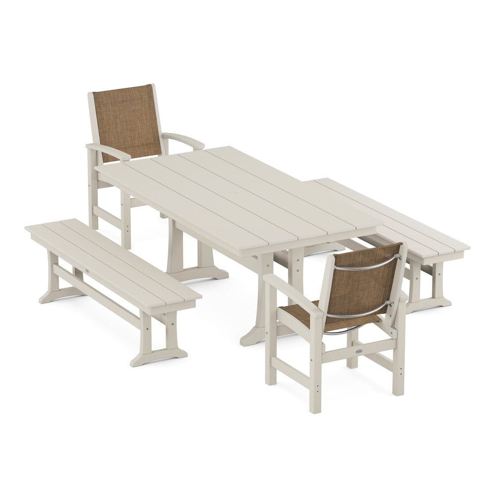 POLYWOOD® - Coastal 5-Piece Farmhouse Dining Set with Trestle Legs and Benches - PWS1000 Outdoor Furniture POLYWOOD®