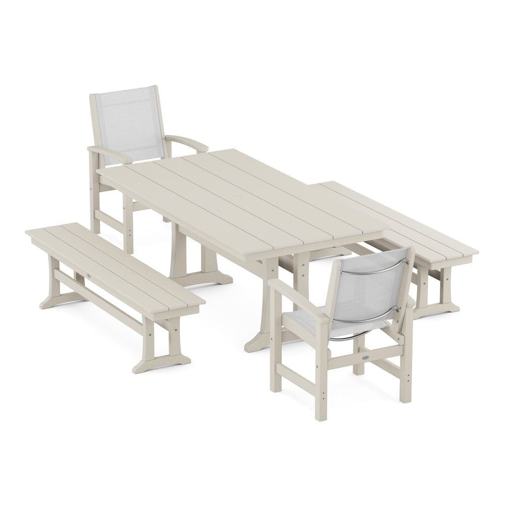POLYWOOD® - Coastal 5-Piece Farmhouse Dining Set with Trestle Legs and Benches - PWS1000