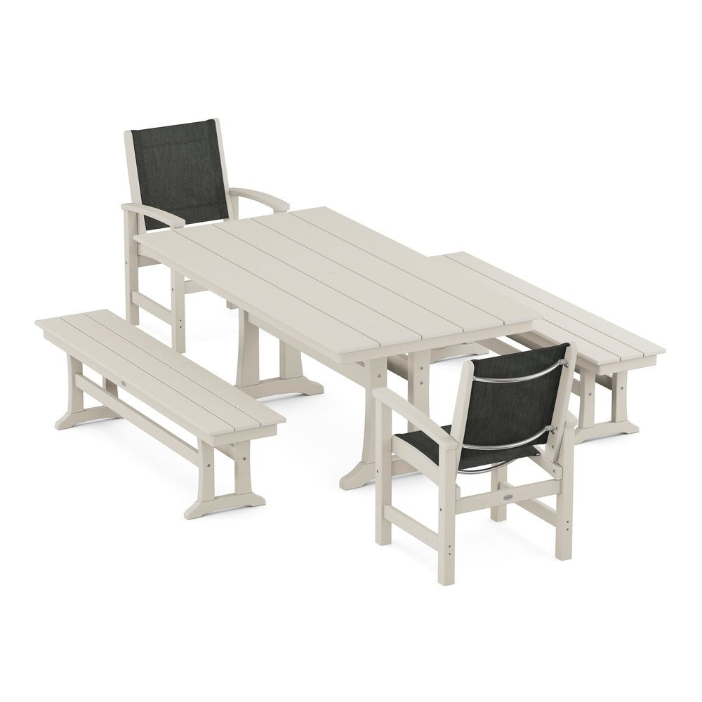 POLYWOOD® - Coastal 5-Piece Farmhouse Dining Set with Trestle Legs and Benches - PWS1000