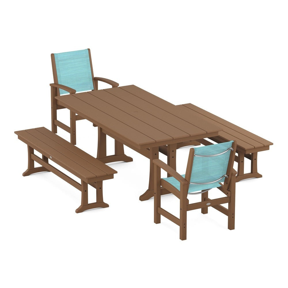 POLYWOOD® - Coastal 5-Piece Farmhouse Dining Set with Trestle Legs and Benches - PWS1000