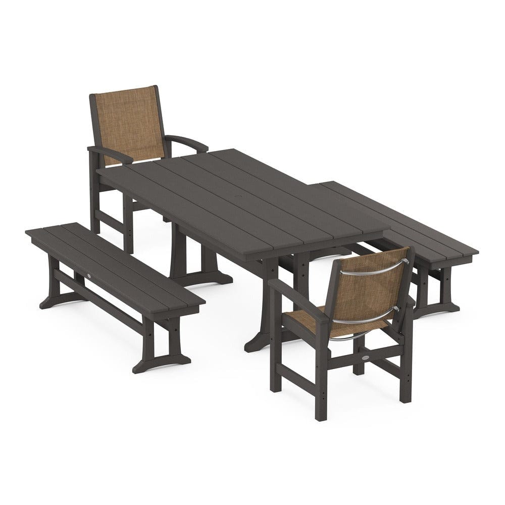POLYWOOD® - Coastal 5-Piece Farmhouse Dining Set with Trestle Legs and Benches - PWS1000