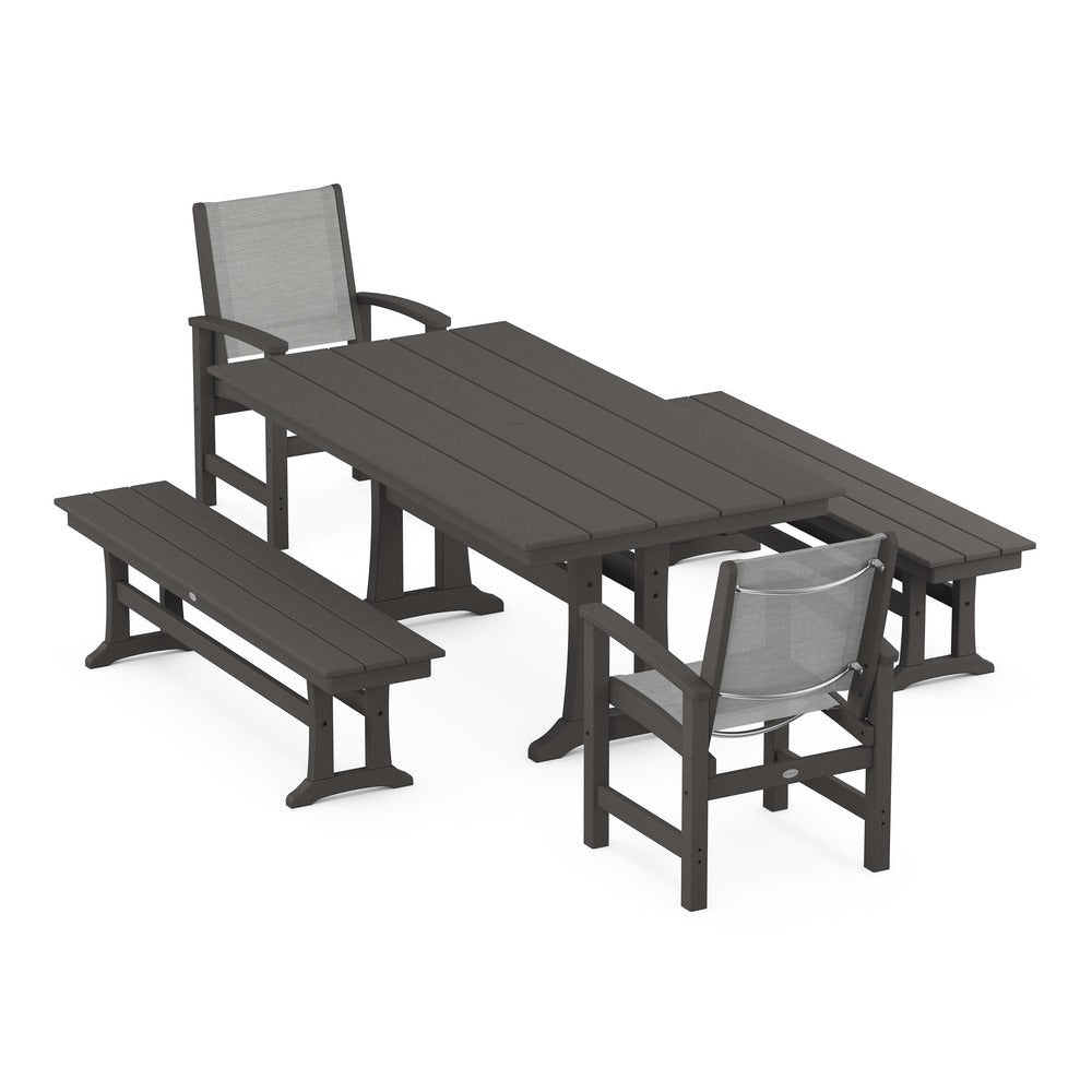 POLYWOOD® - Coastal 5-Piece Farmhouse Dining Set with Trestle Legs and Benches - PWS1000
