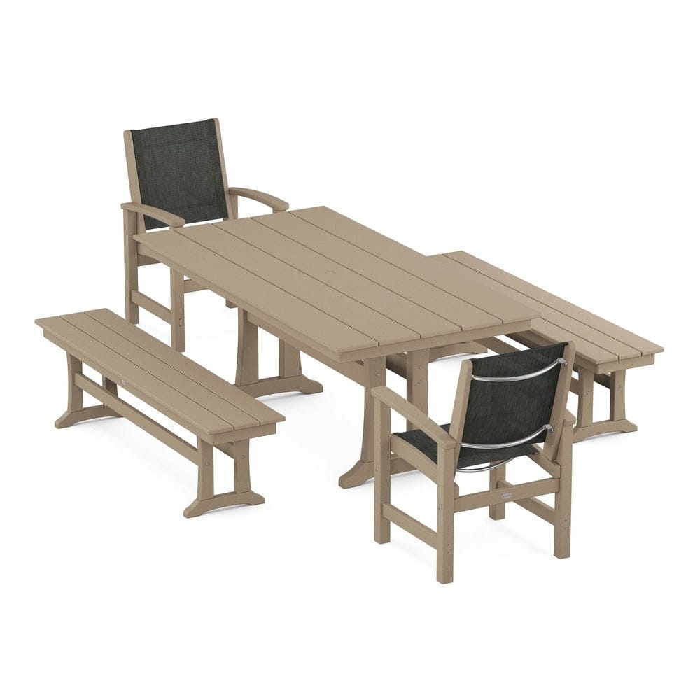 POLYWOOD® - Coastal 5-Piece Farmhouse Dining Set with Trestle Legs and Benches - PWS1000 Outdoor Furniture POLYWOOD®