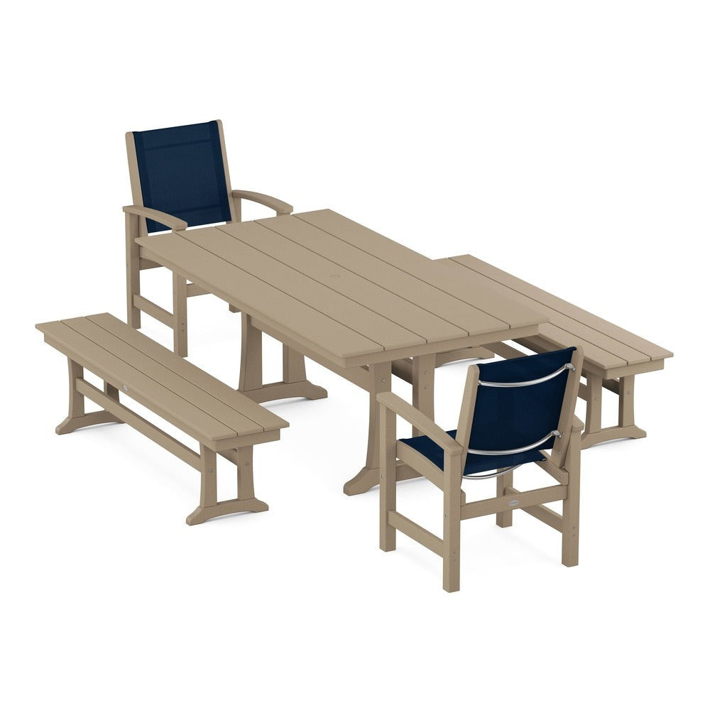 POLYWOOD® - Coastal 5-Piece Farmhouse Dining Set with Trestle Legs and Benches - PWS1000