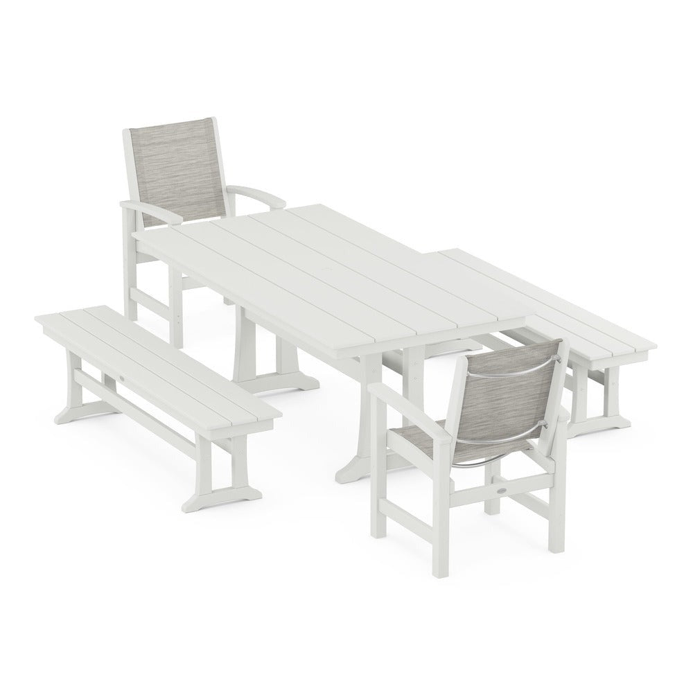 POLYWOOD® - Coastal 5-Piece Farmhouse Dining Set with Trestle Legs and Benches - PWS1000