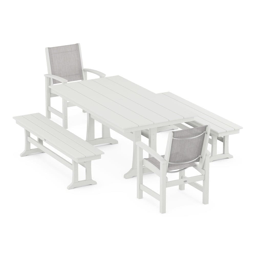 POLYWOOD® - Coastal 5-Piece Farmhouse Dining Set with Trestle Legs and Benches - PWS1000