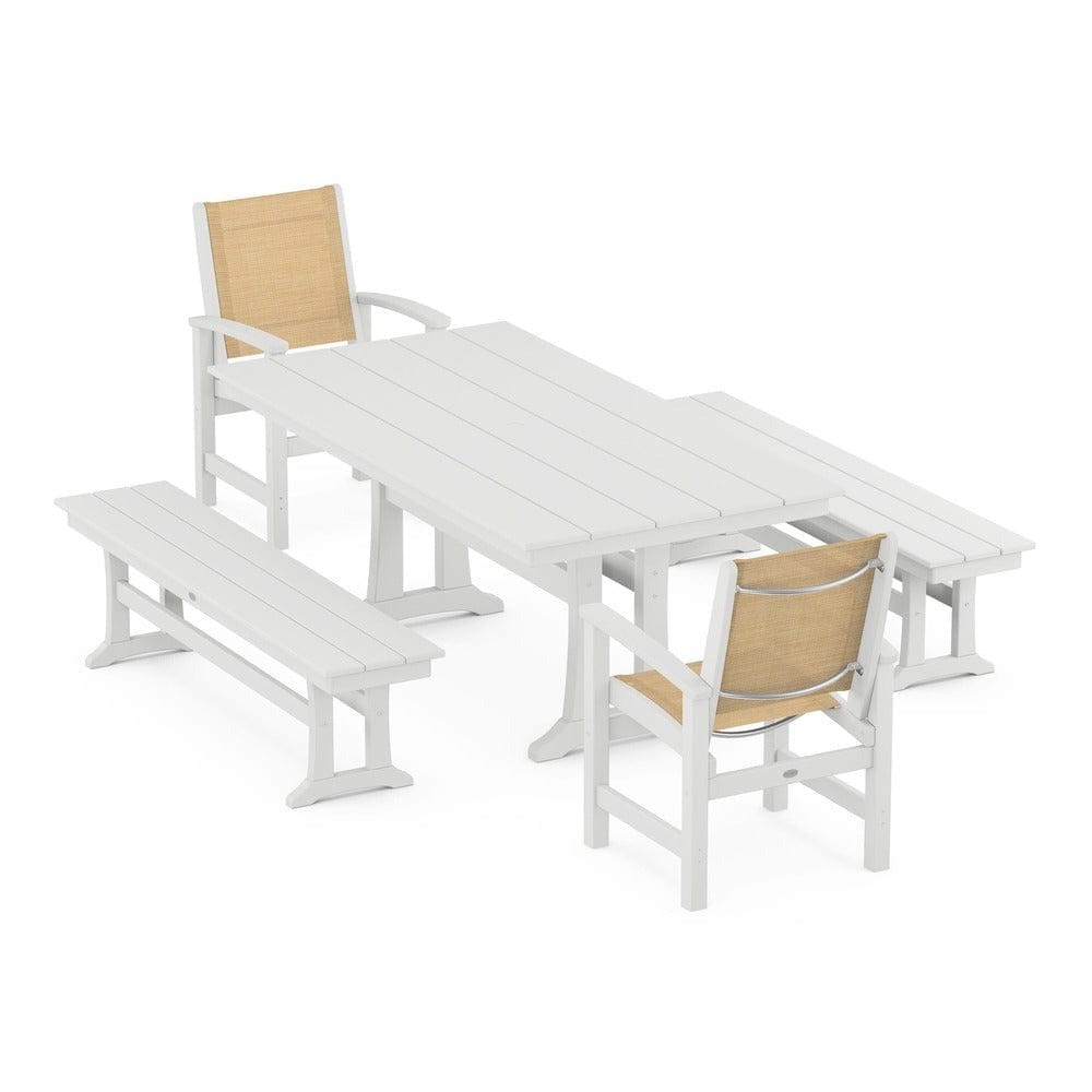 POLYWOOD® - Coastal 5-Piece Farmhouse Dining Set with Trestle Legs and Benches - PWS1000
