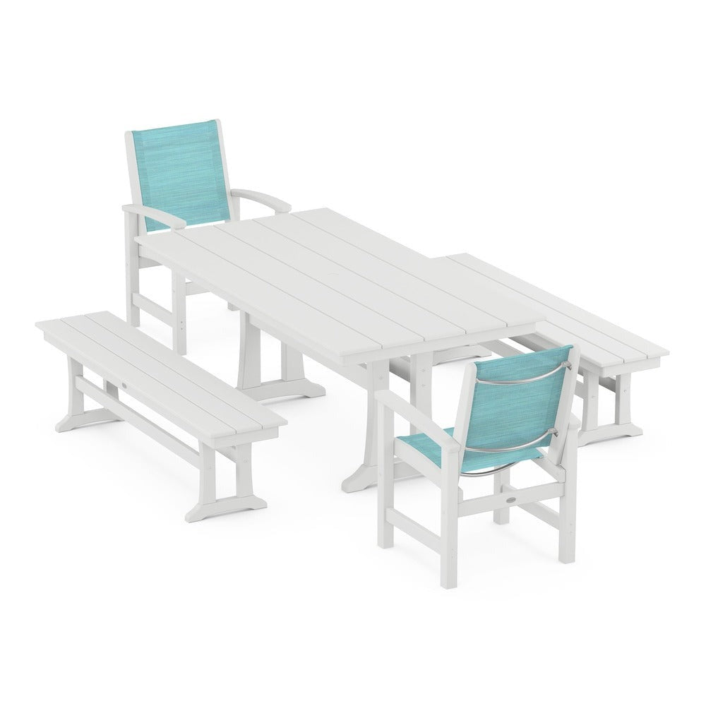 POLYWOOD® - Coastal 5-Piece Farmhouse Dining Set with Trestle Legs and Benches - PWS1000