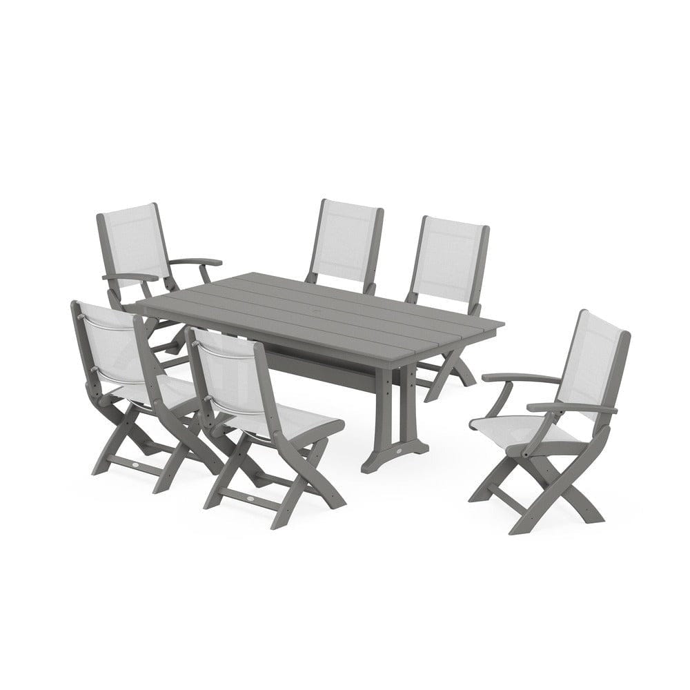 POLYWOOD® - Coastal Folding Chair 7-Piece Farmhouse Dining Set with Trestle Legs - PWS1001