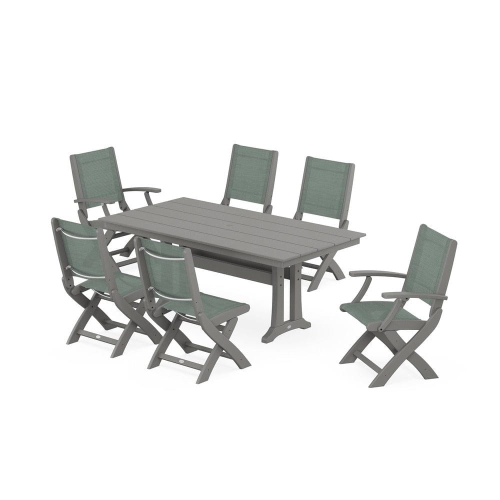 POLYWOOD® - Coastal Folding Chair 7-Piece Farmhouse Dining Set with Trestle Legs - PWS1001 Outdoor Furniture POLYWOOD®