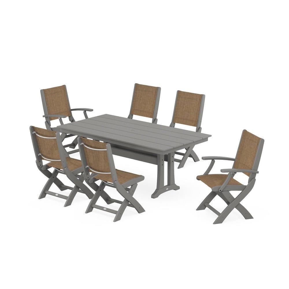 POLYWOOD® - Coastal Folding Chair 7-Piece Farmhouse Dining Set with Trestle Legs - PWS1001