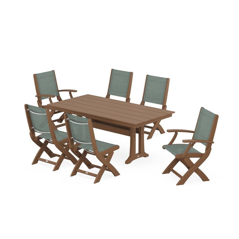 POLYWOOD® - Coastal Folding Chair 7-Piece Farmhouse Dining Set with Trestle Legs - PWS1001