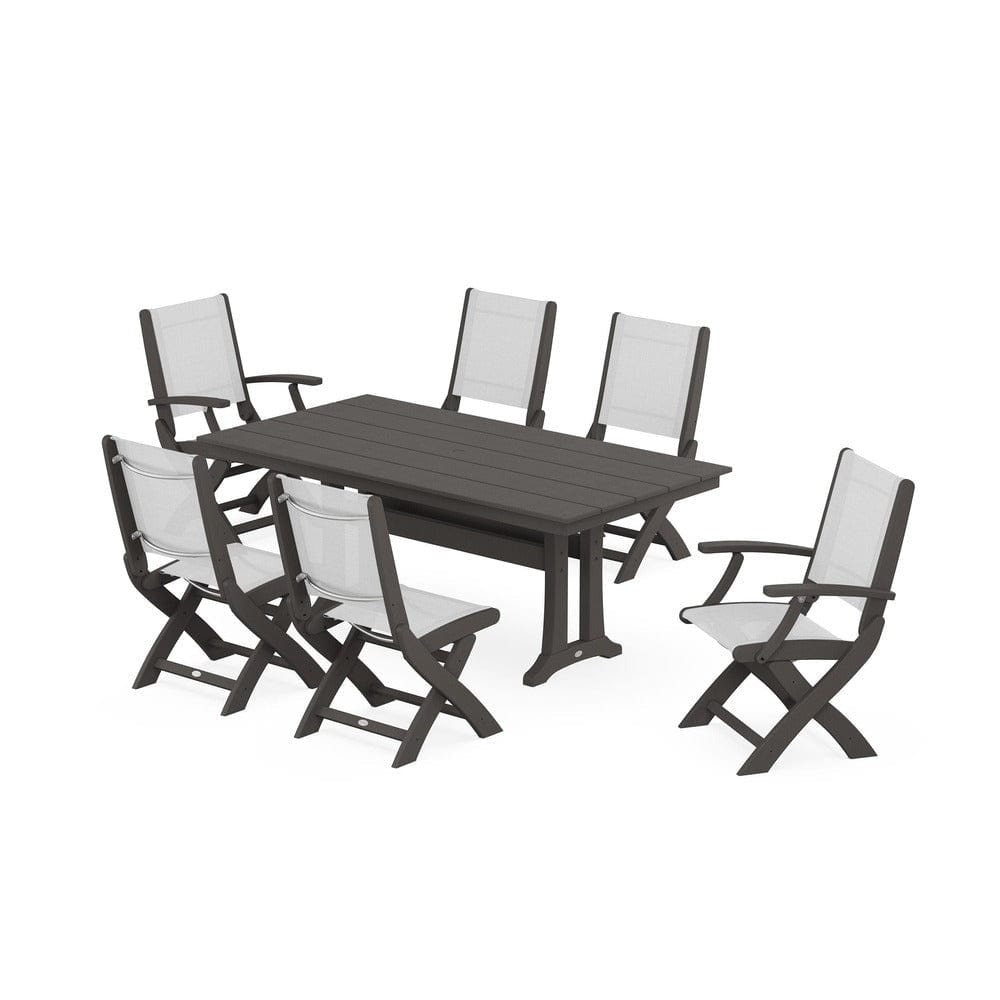 POLYWOOD® - Coastal Folding Chair 7-Piece Farmhouse Dining Set with Trestle Legs - PWS1001