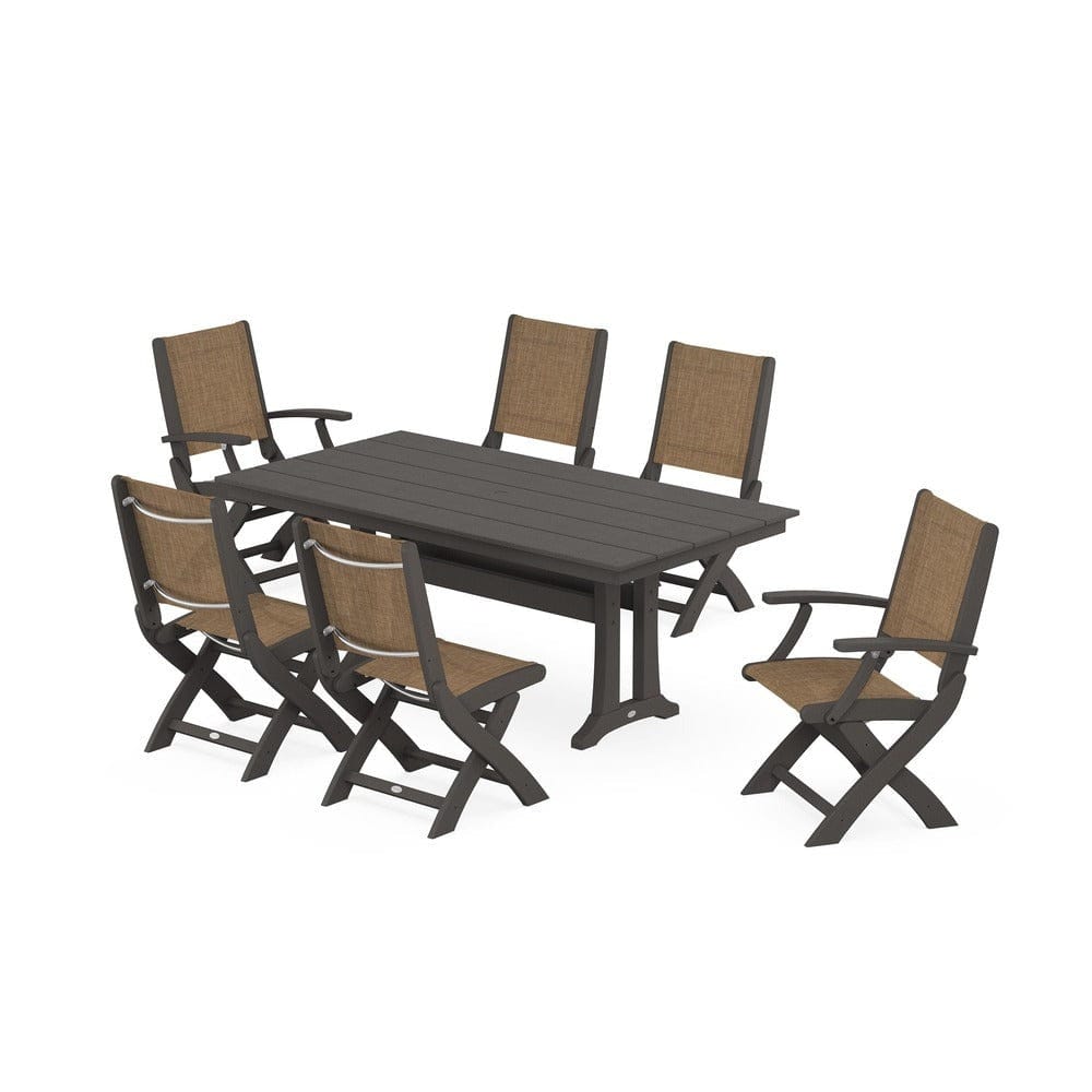 POLYWOOD® - Coastal Folding Chair 7-Piece Farmhouse Dining Set with Trestle Legs - PWS1001