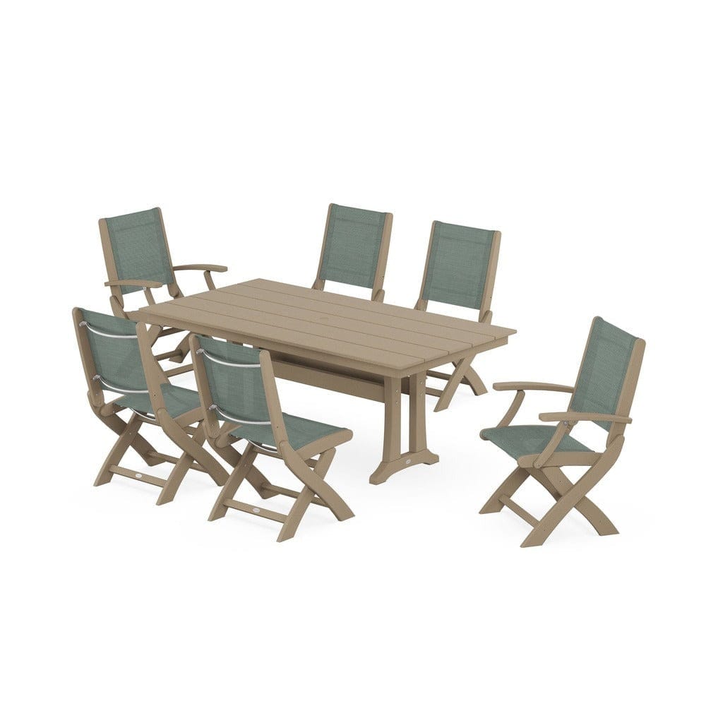 POLYWOOD® - Coastal Folding Chair 7-Piece Farmhouse Dining Set with Trestle Legs - PWS1001 Outdoor Furniture POLYWOOD®
