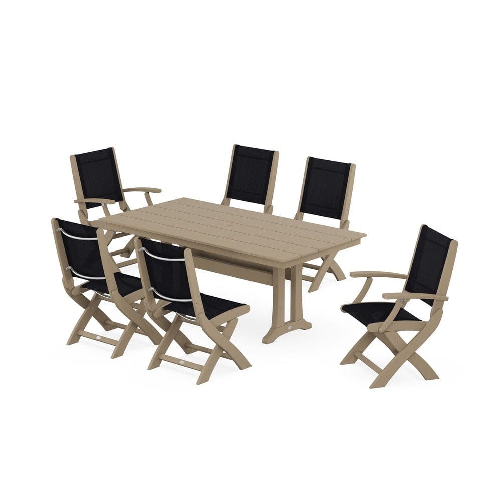 POLYWOOD® - Coastal Folding Chair 7-Piece Farmhouse Dining Set with Trestle Legs - PWS1001 Outdoor Furniture POLYWOOD®