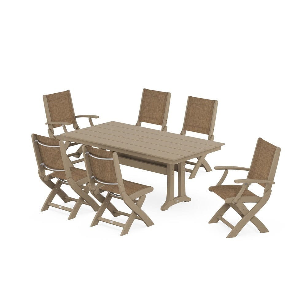 POLYWOOD® - Coastal Folding Chair 7-Piece Farmhouse Dining Set with Trestle Legs - PWS1001