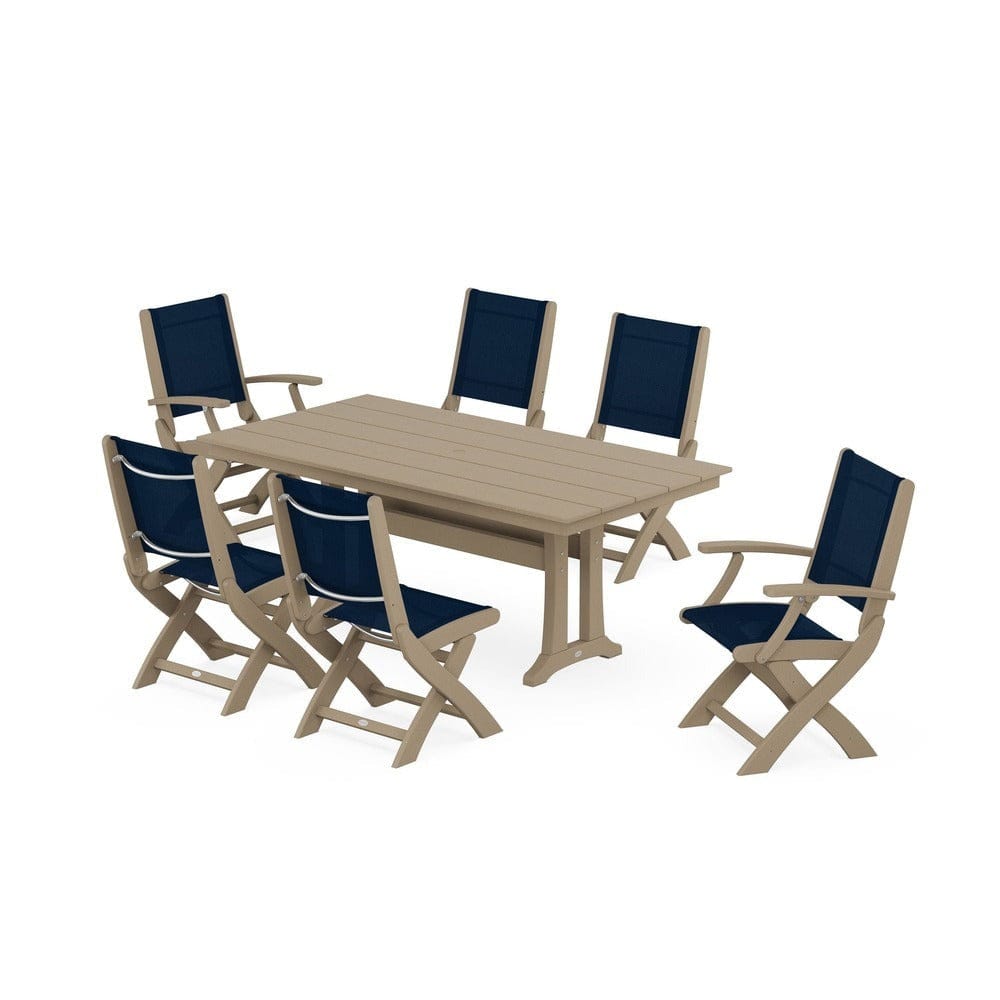 POLYWOOD® - Coastal Folding Chair 7-Piece Farmhouse Dining Set with Trestle Legs - PWS1001