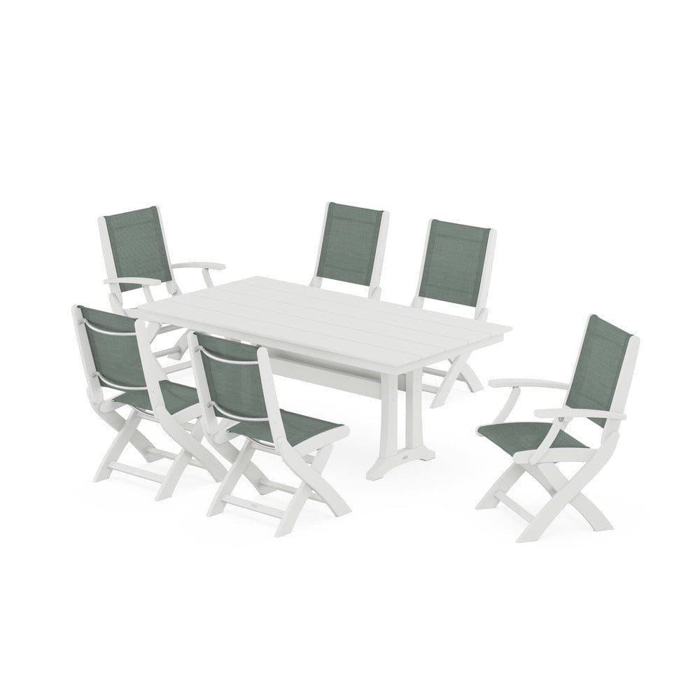 POLYWOOD® - Coastal Folding Chair 7-Piece Farmhouse Dining Set with Trestle Legs - PWS1001