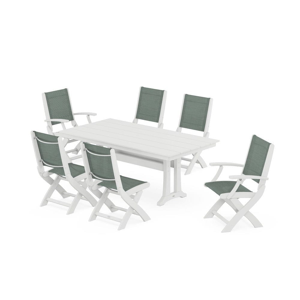 POLYWOOD® - Coastal Folding Chair 7-Piece Farmhouse Dining Set with Trestle Legs - PWS1001