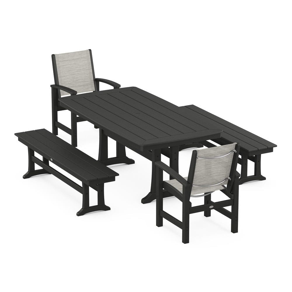 POLYWOOD® - Coastal 5-Piece Dining Set with Trestle Legs and Benches - PWS1036