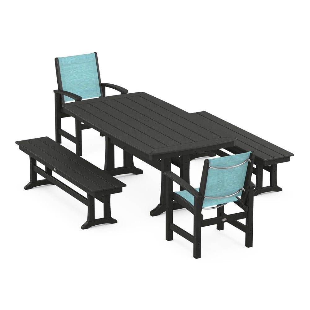 POLYWOOD® - Coastal 5-Piece Dining Set with Trestle Legs and Benches - PWS1036