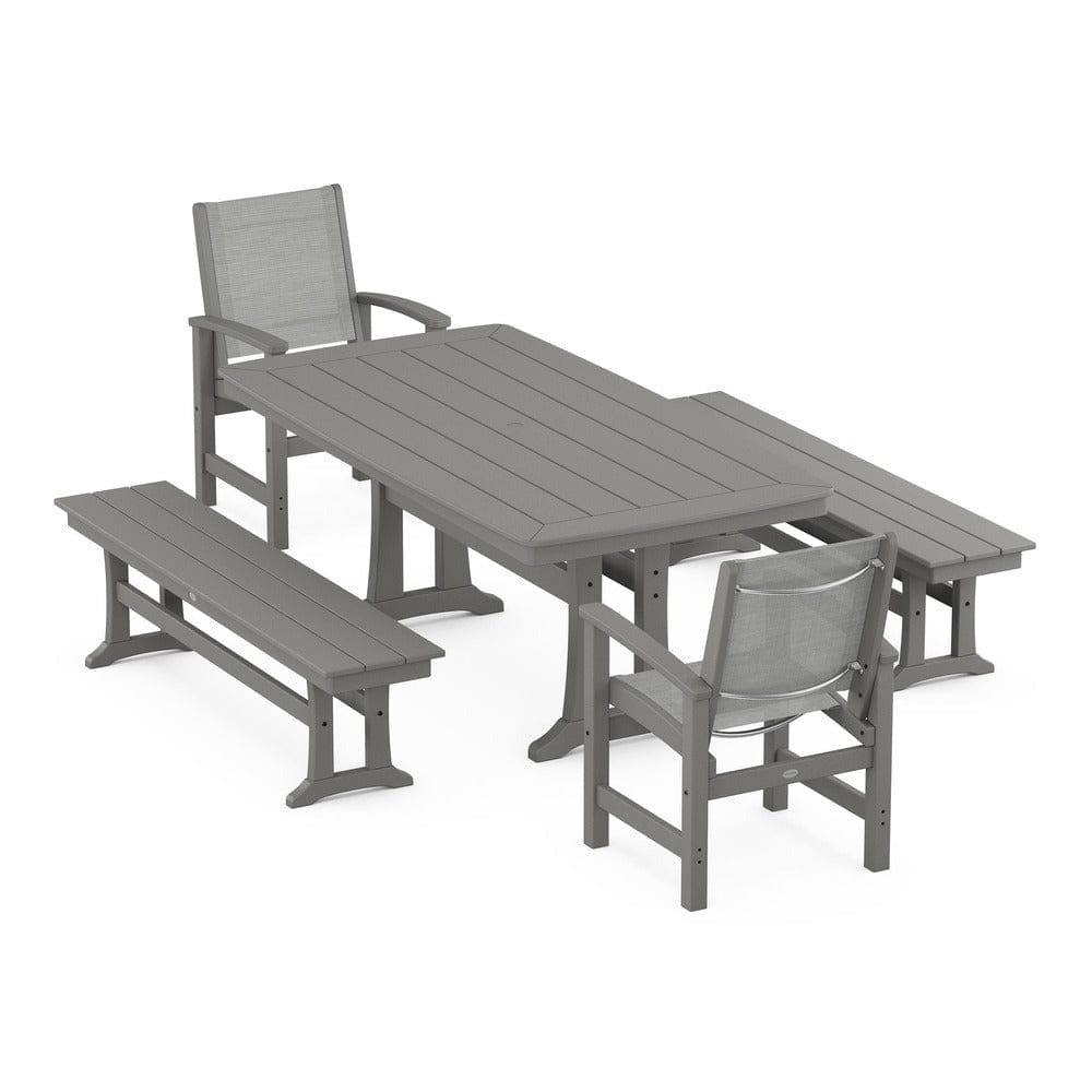 POLYWOOD® - Coastal 5-Piece Dining Set with Trestle Legs and Benches - PWS1036