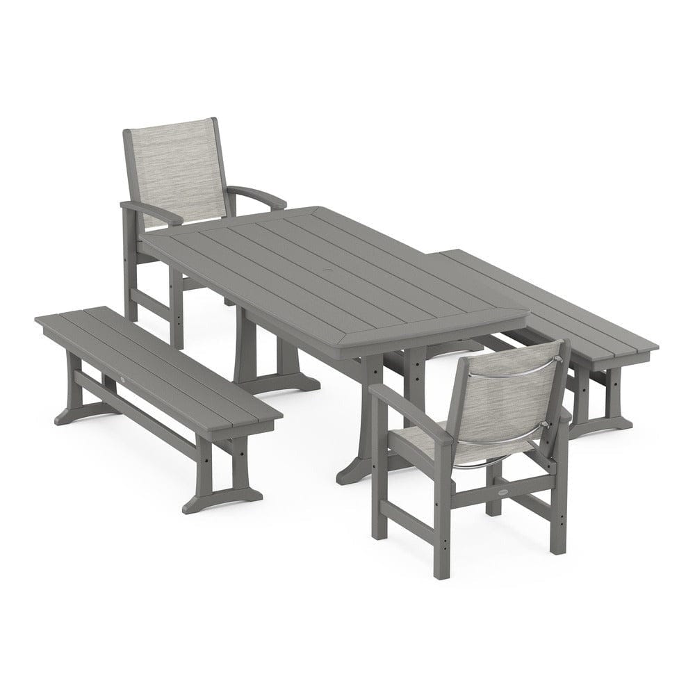 POLYWOOD® - Coastal 5-Piece Dining Set with Trestle Legs and Benches - PWS1036 Outdoor Furniture POLYWOOD®