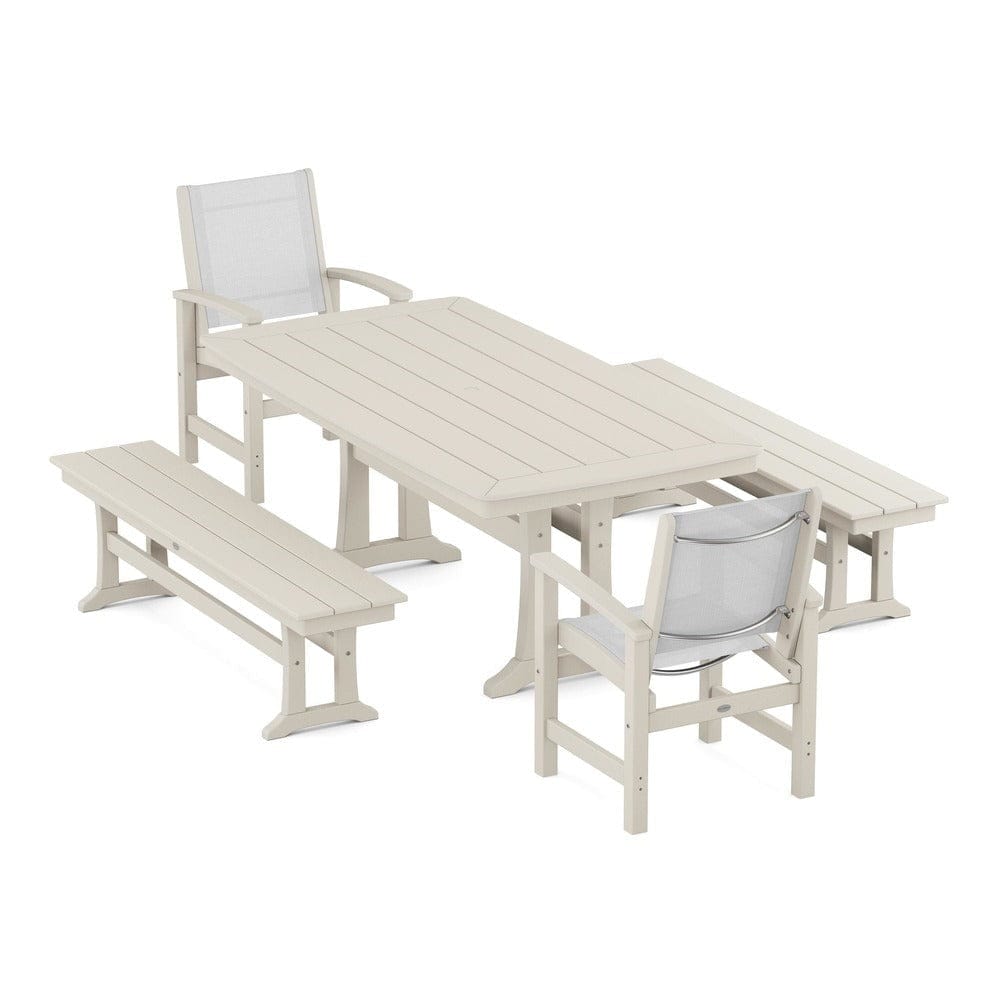 POLYWOOD® - Coastal 5-Piece Dining Set with Trestle Legs and Benches - PWS1036 Outdoor Furniture POLYWOOD®
