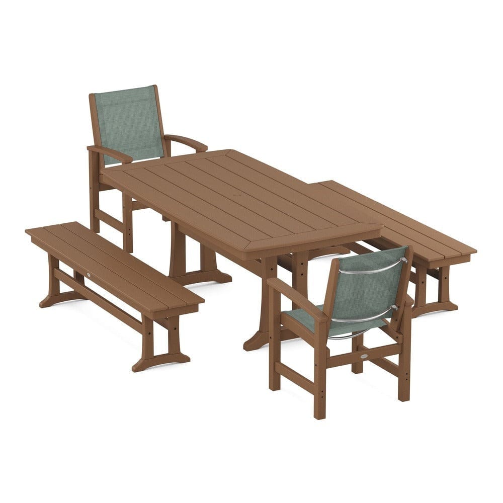 POLYWOOD® - Coastal 5-Piece Dining Set with Trestle Legs and Benches - PWS1036 Outdoor Furniture POLYWOOD®