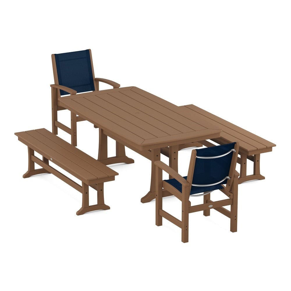 POLYWOOD® - Coastal 5-Piece Dining Set with Trestle Legs and Benches - PWS1036 Outdoor Furniture POLYWOOD®