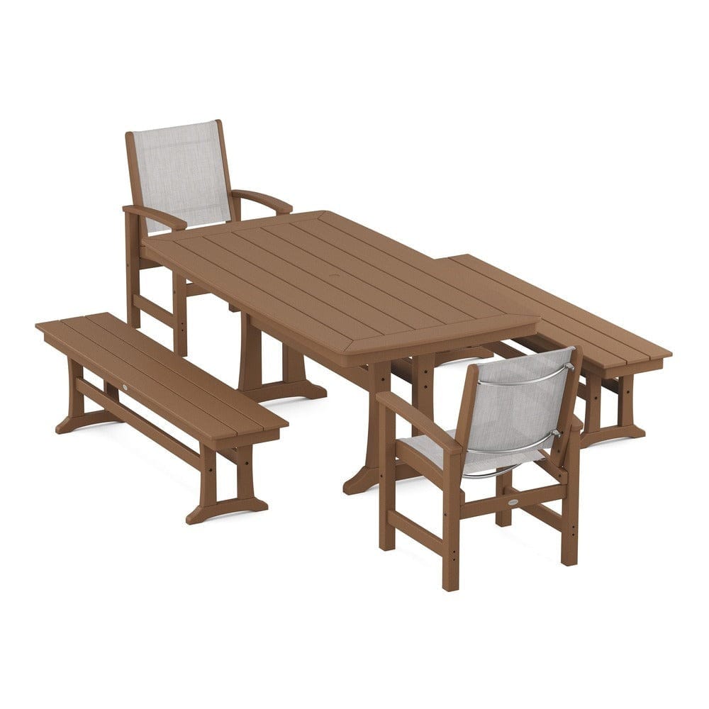 POLYWOOD® - Coastal 5-Piece Dining Set with Trestle Legs and Benches - PWS1036