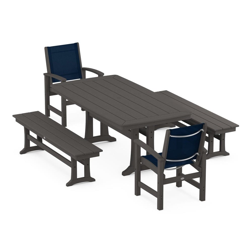 POLYWOOD® - Coastal 5-Piece Dining Set with Trestle Legs and Benches - PWS1036 Outdoor Furniture POLYWOOD®