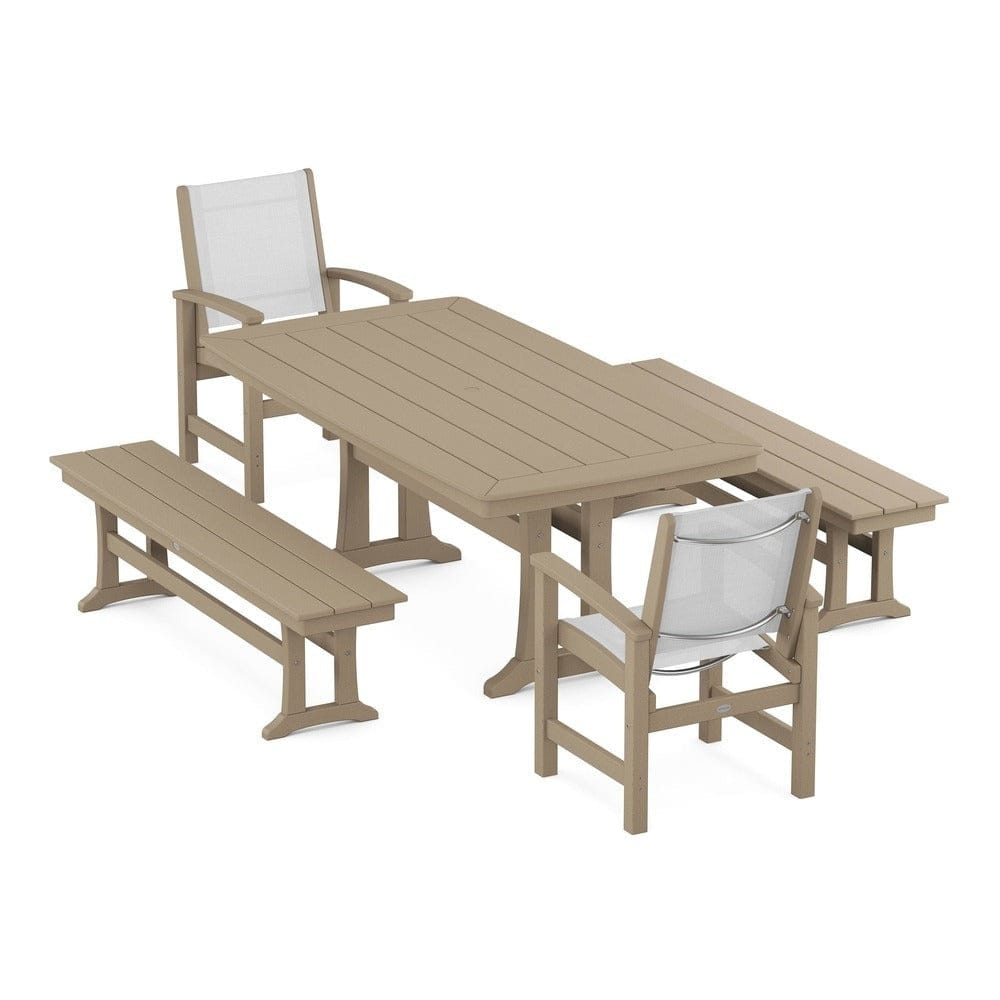 POLYWOOD® - Coastal 5-Piece Dining Set with Trestle Legs and Benches - PWS1036 Outdoor Furniture POLYWOOD®