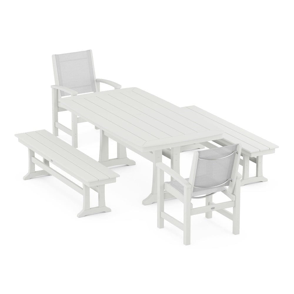 POLYWOOD® - Coastal 5-Piece Dining Set with Trestle Legs and Benches - PWS1036