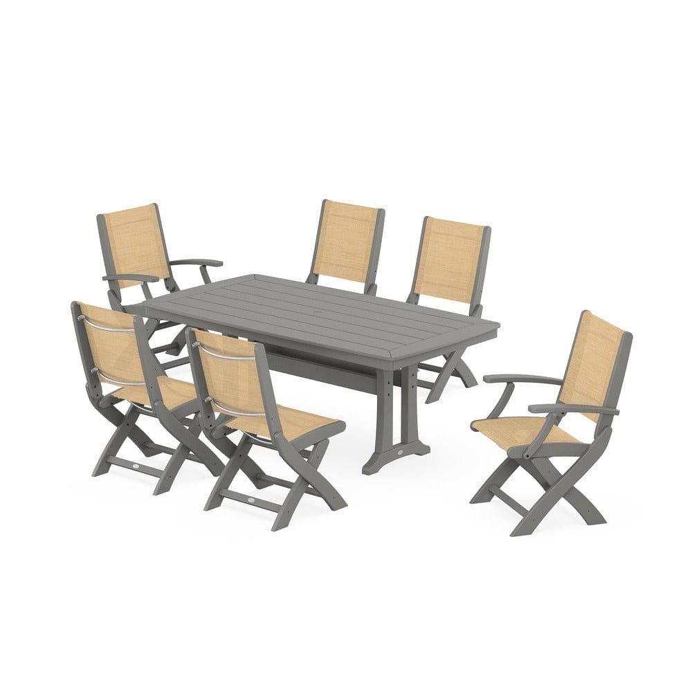 POLYWOOD® - Coastal Folding Chair 7-Piece Dining Set with Trestle Legs - PWS1037 Outdoor Furniture POLYWOOD®