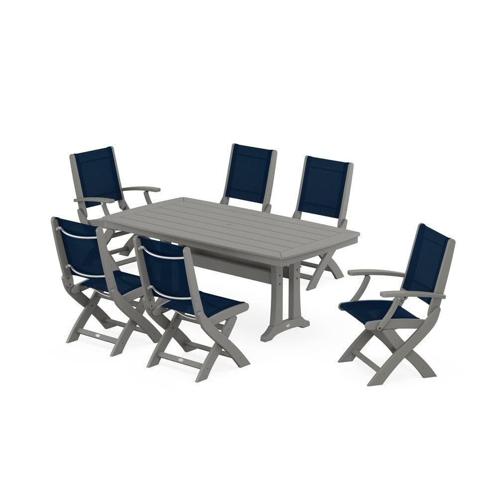 POLYWOOD® - Coastal Folding Chair 7-Piece Dining Set with Trestle Legs - PWS1037