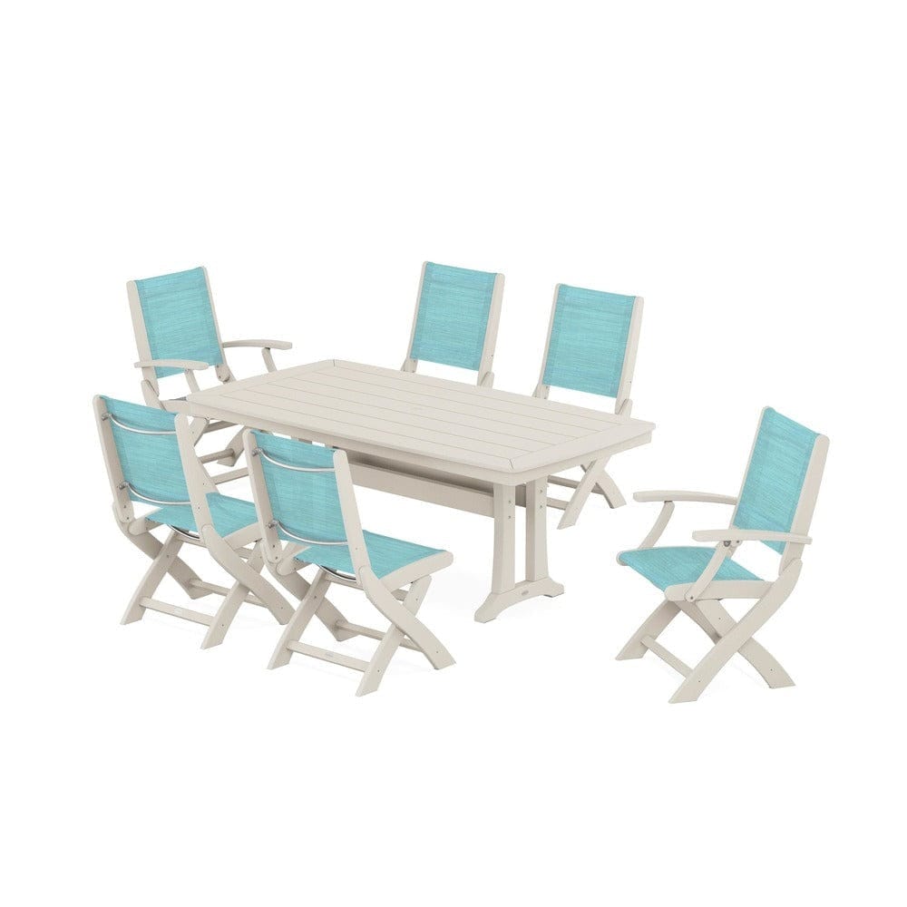 POLYWOOD® - Coastal Folding Chair 7-Piece Dining Set with Trestle Legs - PWS1037