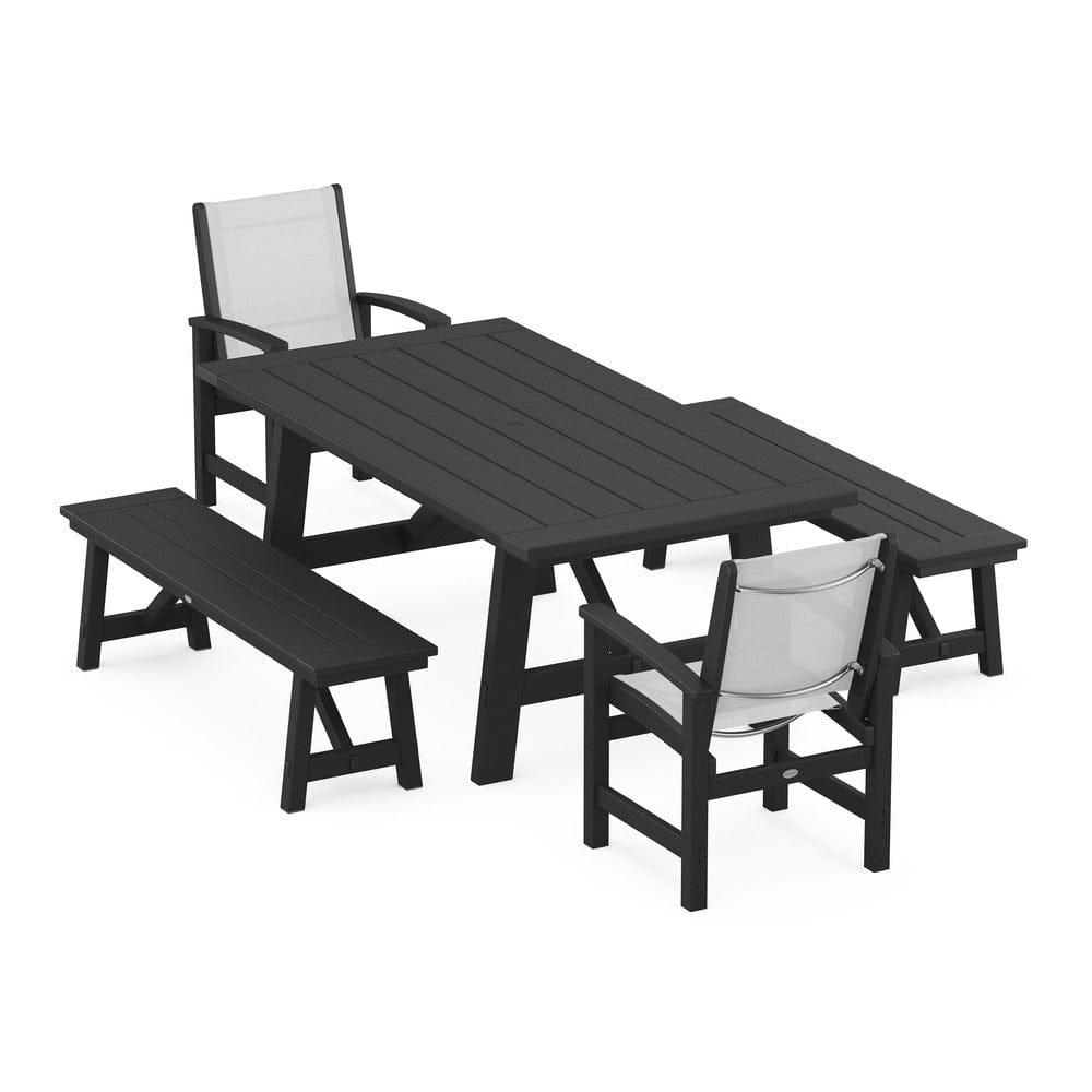 POLYWOOD® - Coastal 5-Piece Rustic Farmhouse Dining Set With Benches - PWS1077 Outdoor Furniture POLYWOOD®