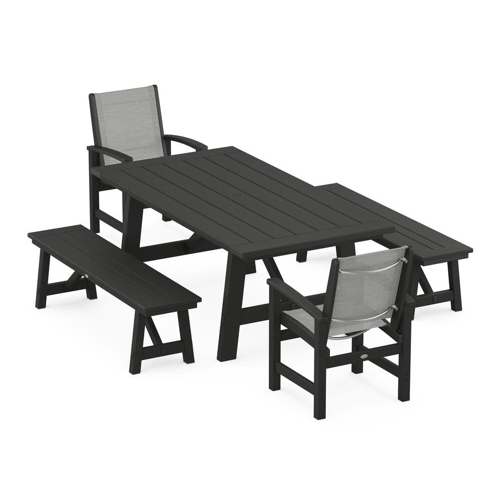 POLYWOOD® - Coastal 5-Piece Rustic Farmhouse Dining Set With Benches - PWS1077
