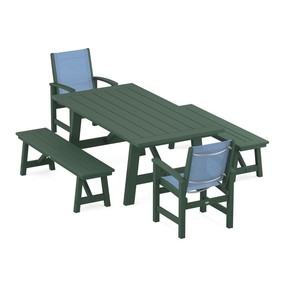 POLYWOOD® - Coastal 5-Piece Rustic Farmhouse Dining Set With Benches - PWS1077 Outdoor Furniture POLYWOOD®