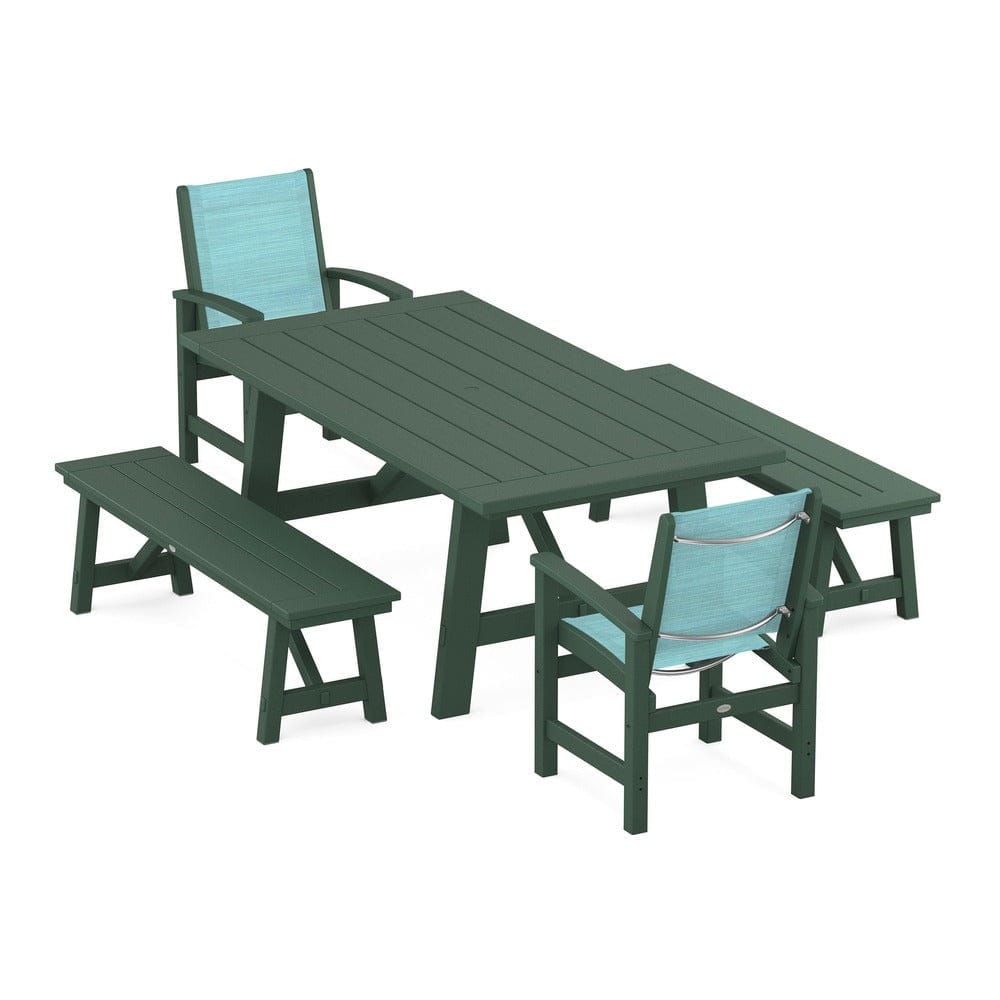POLYWOOD® - Coastal 5-Piece Rustic Farmhouse Dining Set With Benches - PWS1077