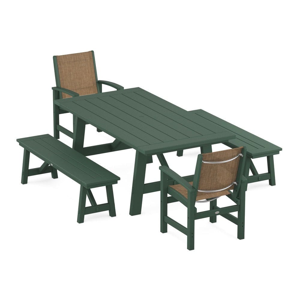 POLYWOOD® - Coastal 5-Piece Rustic Farmhouse Dining Set With Benches - PWS1077 Outdoor Furniture POLYWOOD®